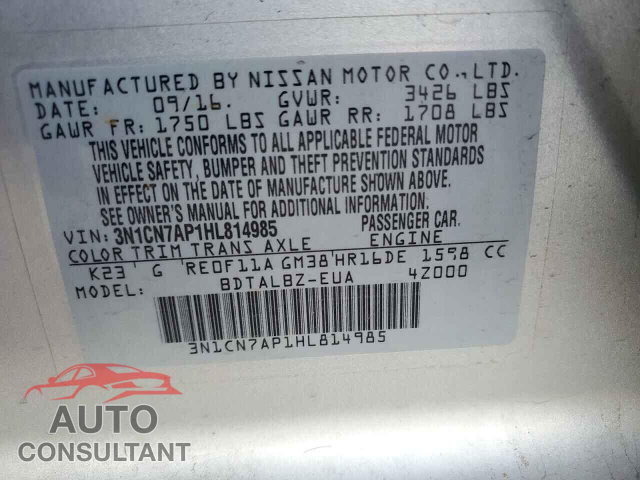 NISSAN VERSA 2017 - 3N1CN7AP1HL814985