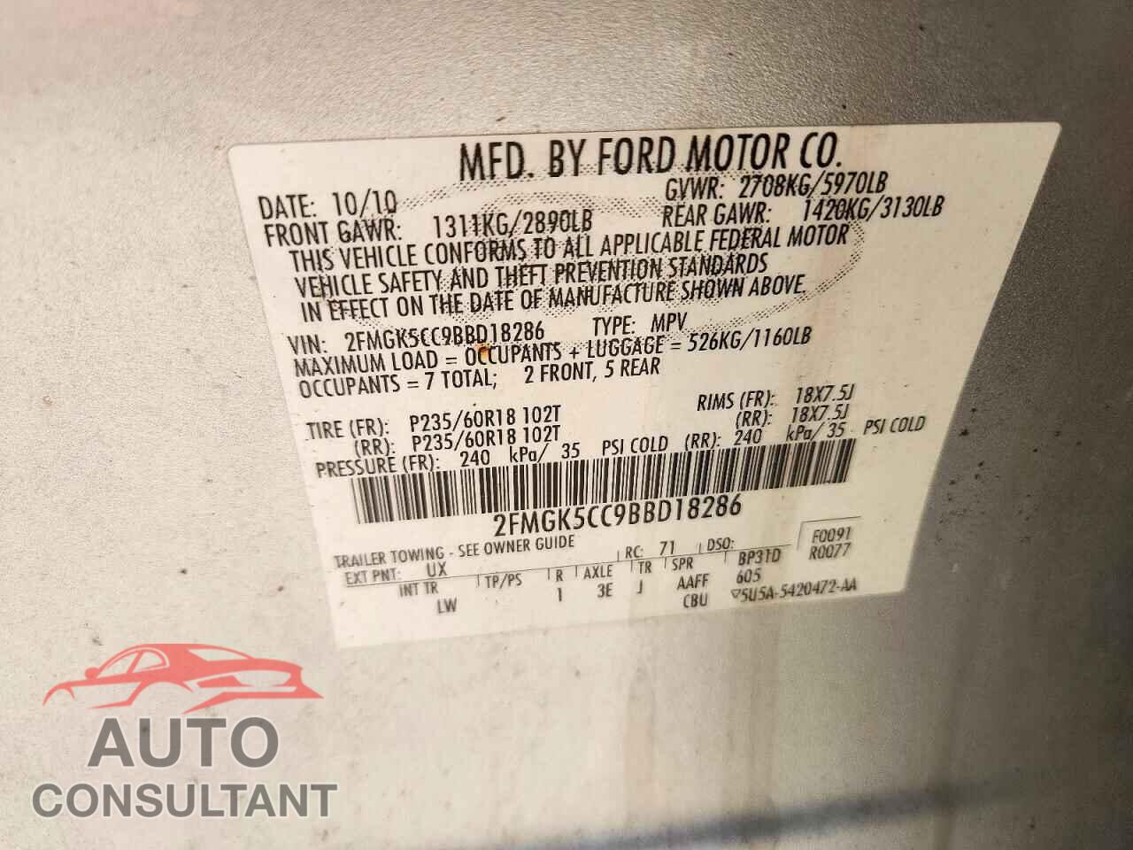 FORD FLEX 2011 - 2FMGK5CC9BBD18286