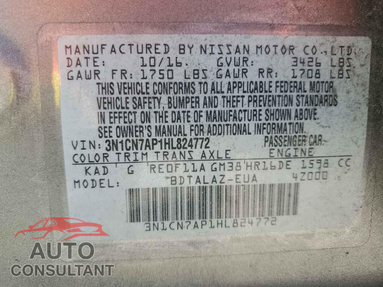 NISSAN VERSA 2017 - 3N1CN7AP1HL824772