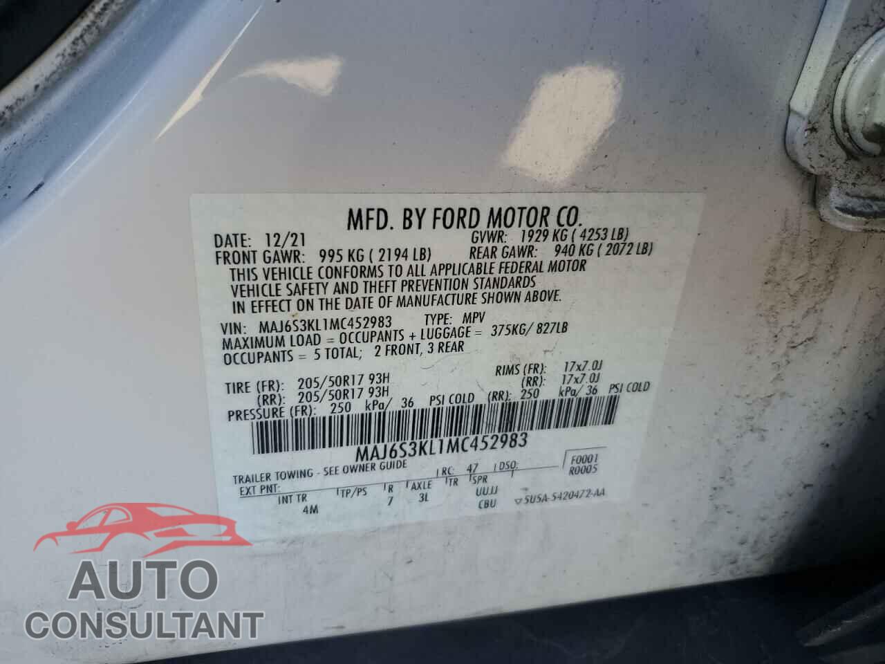 FORD ECOSPORT 2021 - MAJ6S3KL1MC452983