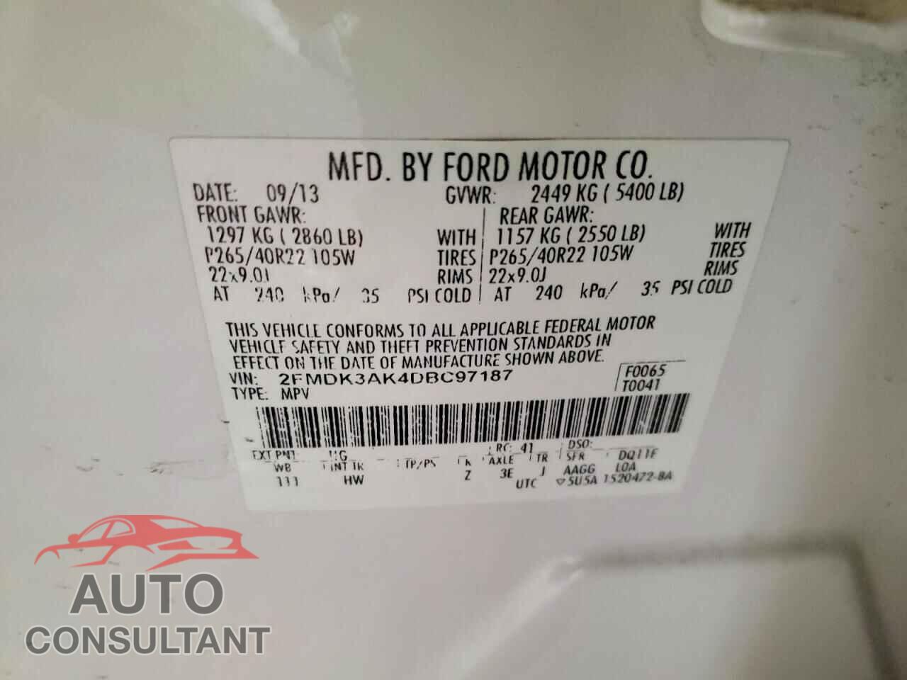 FORD EDGE 2013 - 2FMDK3AK4DBC97187