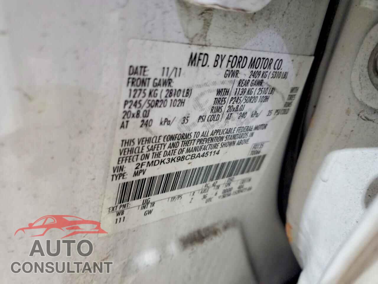 FORD EDGE 2012 - 2FMDK3K98CBA45114