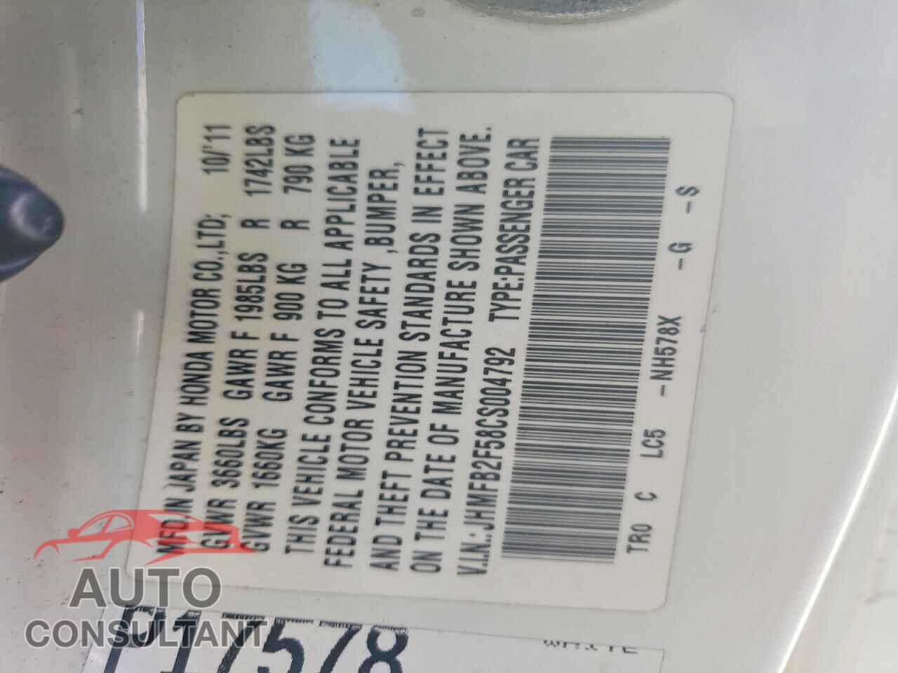 HONDA CIVIC 2012 - JHMFB2F58CS004792