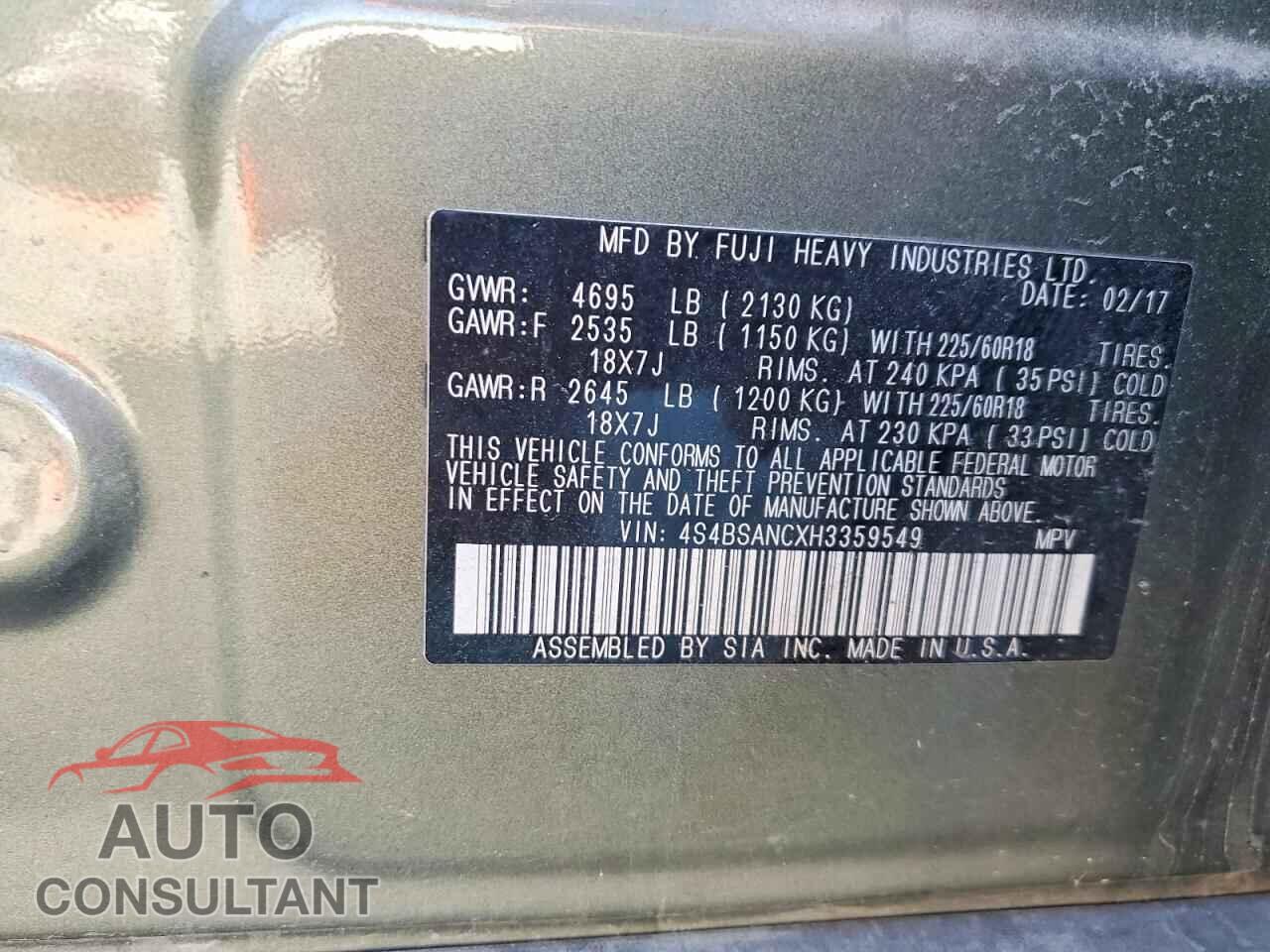 SUBARU OUTBACK 2017 - 4S4BSANCXH3359549