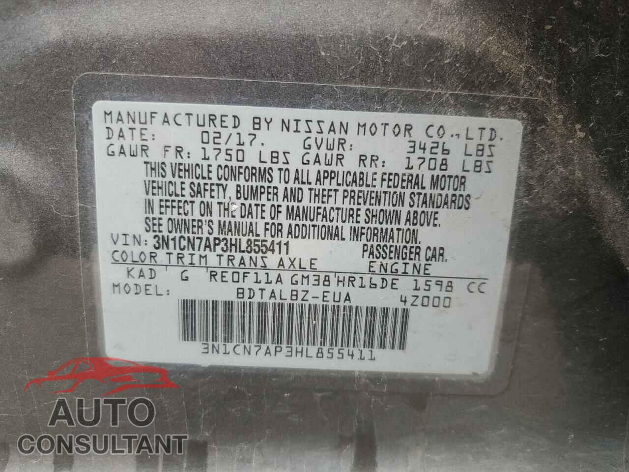 NISSAN VERSA 2017 - 3N1CN7AP3HL855411