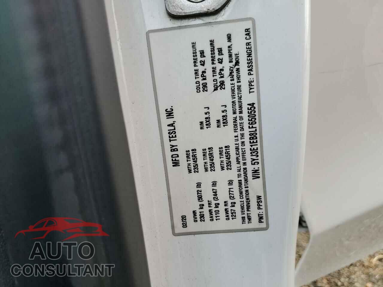 TESLA MODEL 3 2020 - 5YJ3E1EB8LF650554