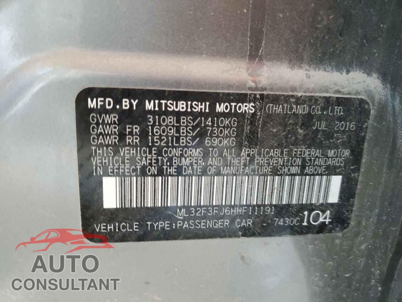 MITSUBISHI MIRAGE 2017 - ML32F3FJ6HHF11191
