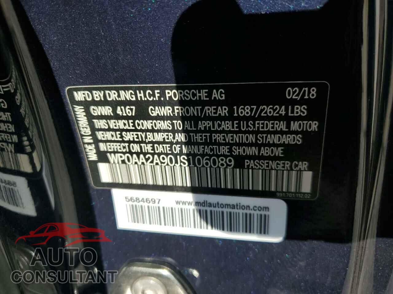 PORSCHE 911 2018 - WP0AA2A90JS106089