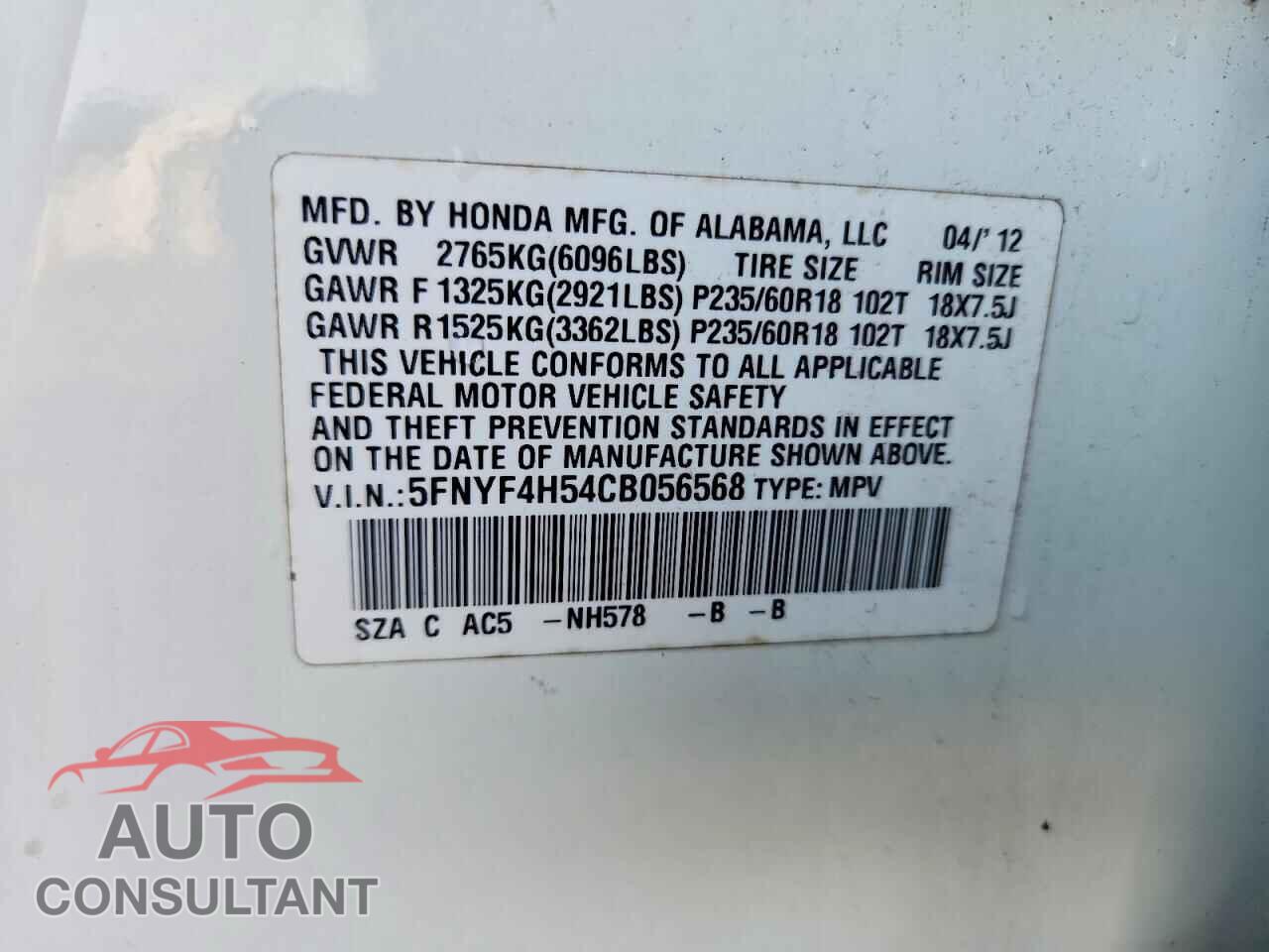 HONDA PILOT 2012 - 5FNYF4H54CB056568