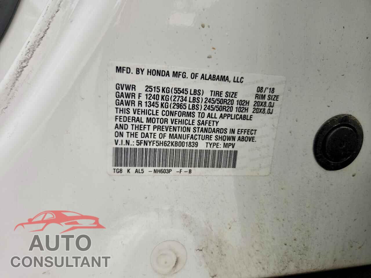 HONDA PILOT 2019 - 5FNYF5H62KB001839