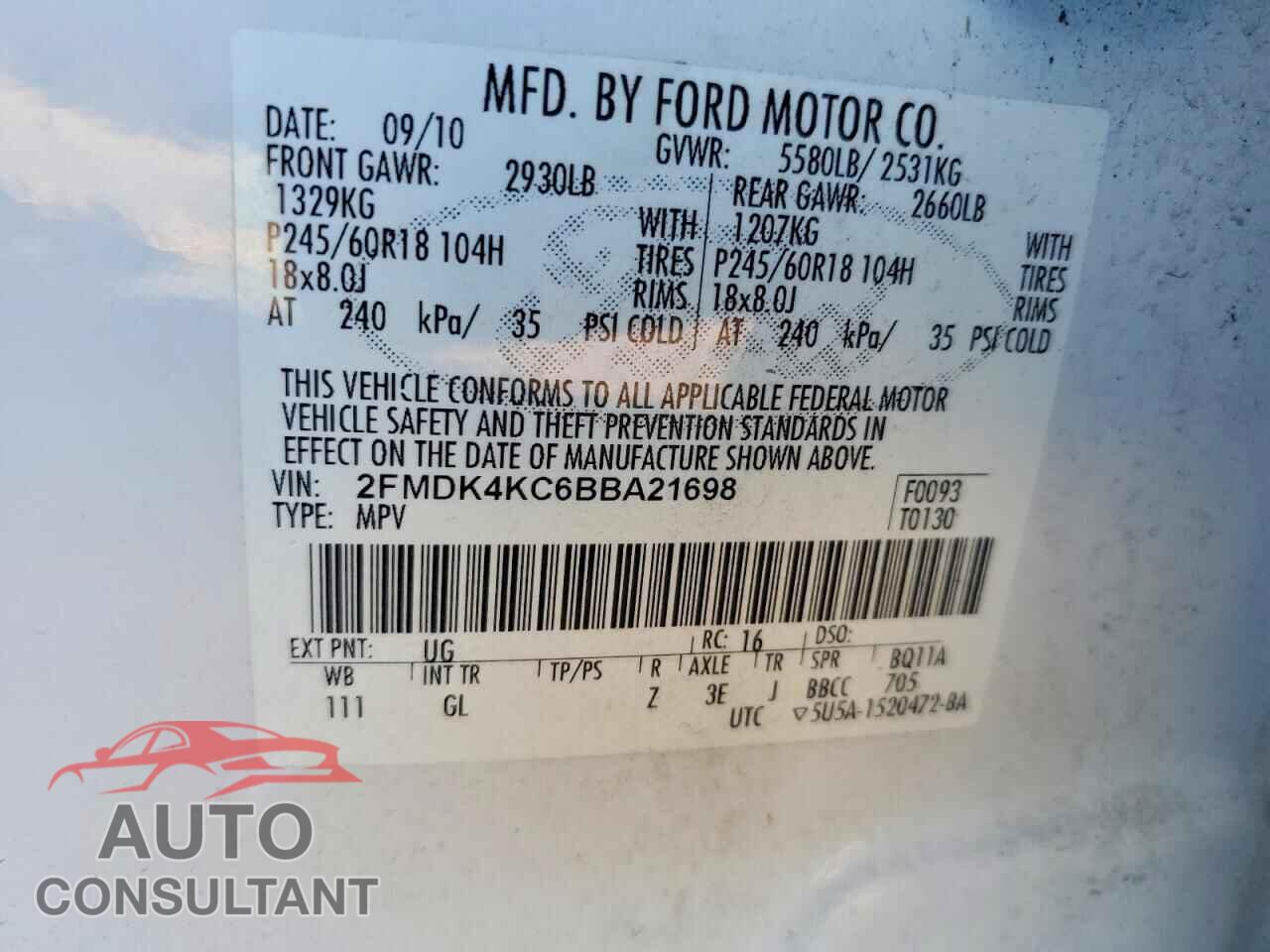 FORD EDGE 2011 - 2FMDK4KC6BBA21698