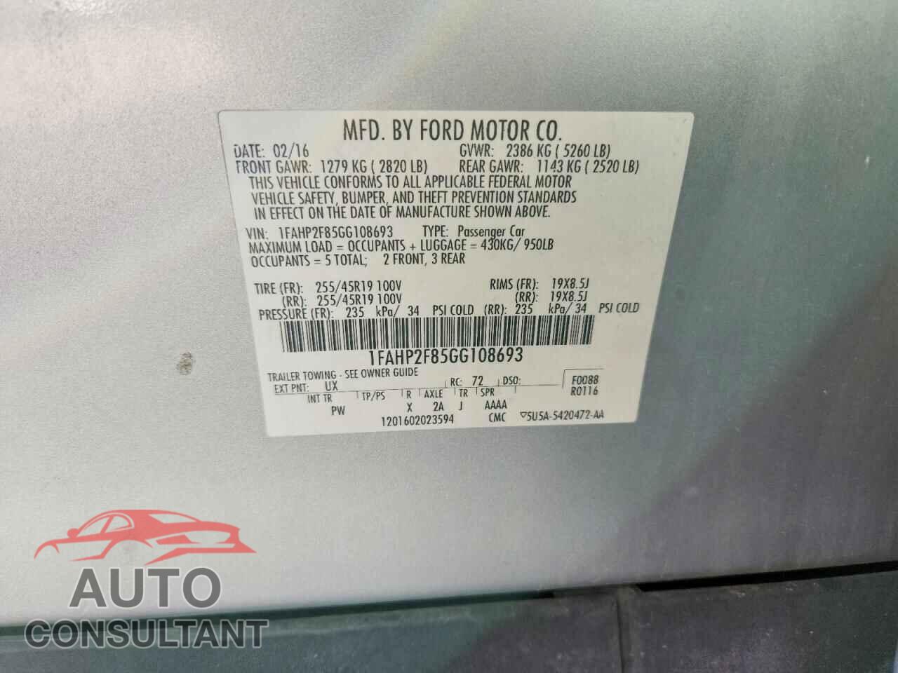 FORD TAURUS 2016 - 1FAHP2F85GG108693