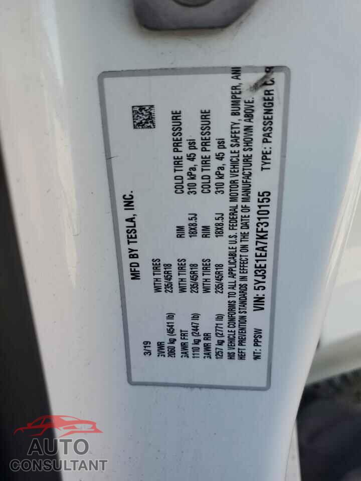 TESLA MODEL 3 2019 - 5YJ3E1EA7KF310155