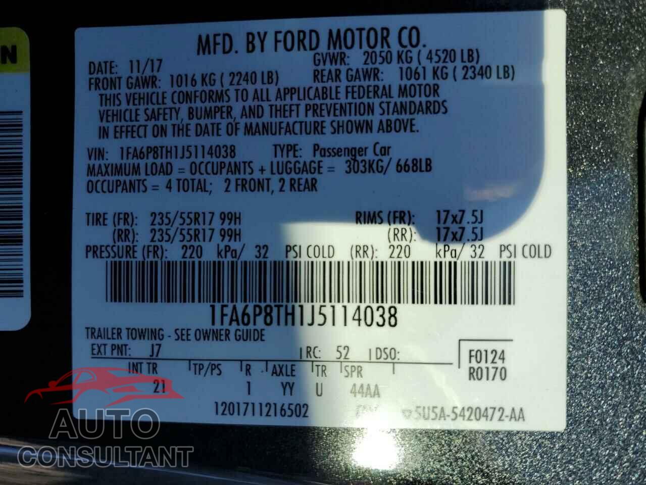 FORD MUSTANG 2018 - 1FA6P8TH1J5114038