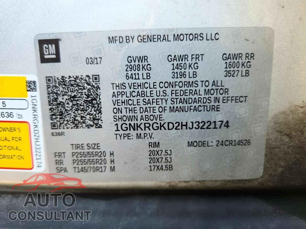 CHEVROLET TRAVERSE 2017 - 1GNKRGKD2HJ322174