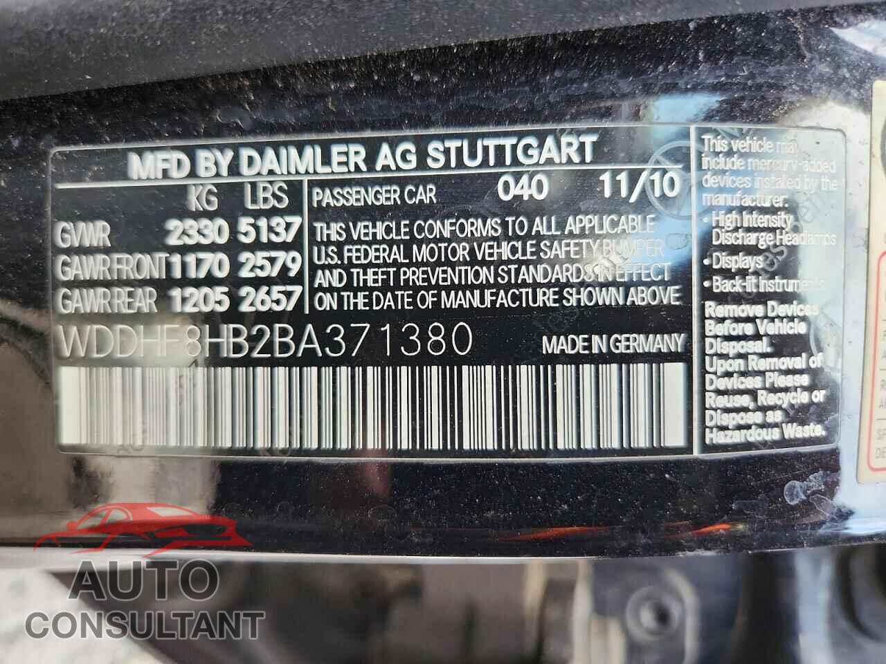 MERCEDES-BENZ E-CLASS 2011 - WDDHF8HB2BA371380