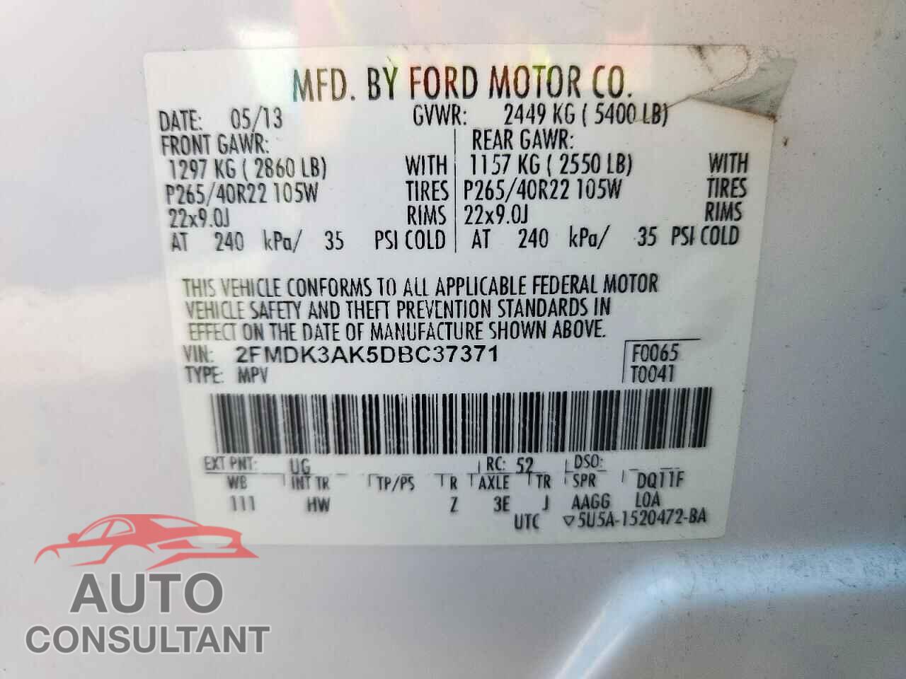 FORD EDGE 2013 - 2FMDK3AK5DBC37371