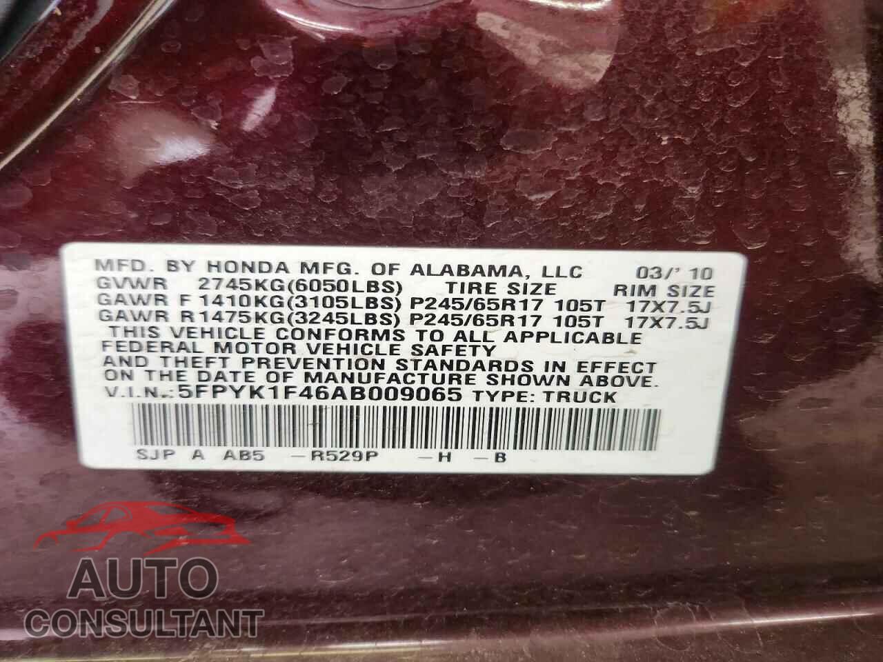 HONDA RIDGELINE 2010 - 5FPYK1F46AB009065