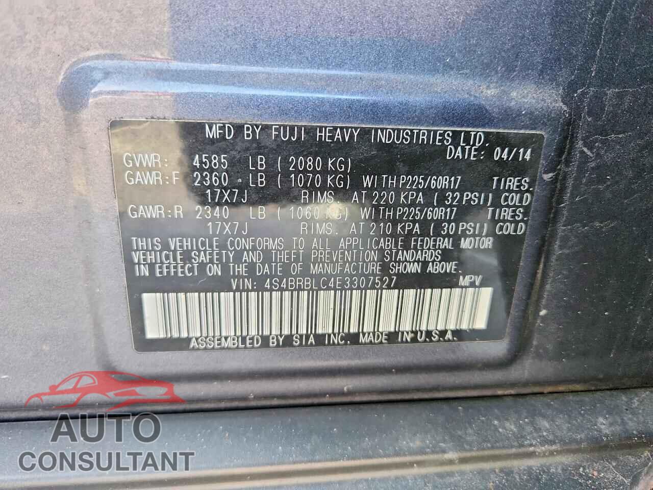 SUBARU OUTBACK 2014 - 4S4BRBLC4E3307527