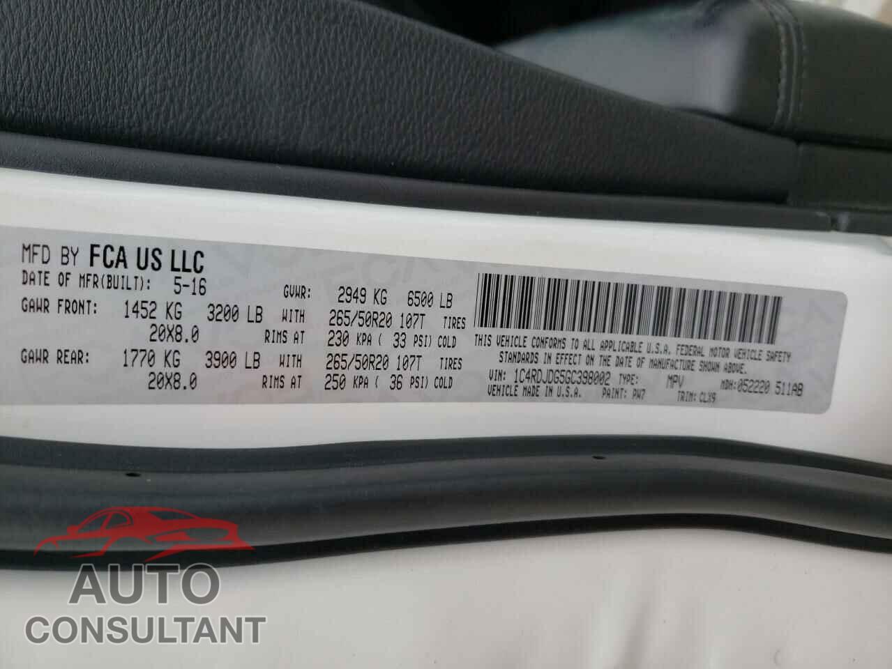 DODGE DURANGO 2016 - 1C4RDJDG5GC398002