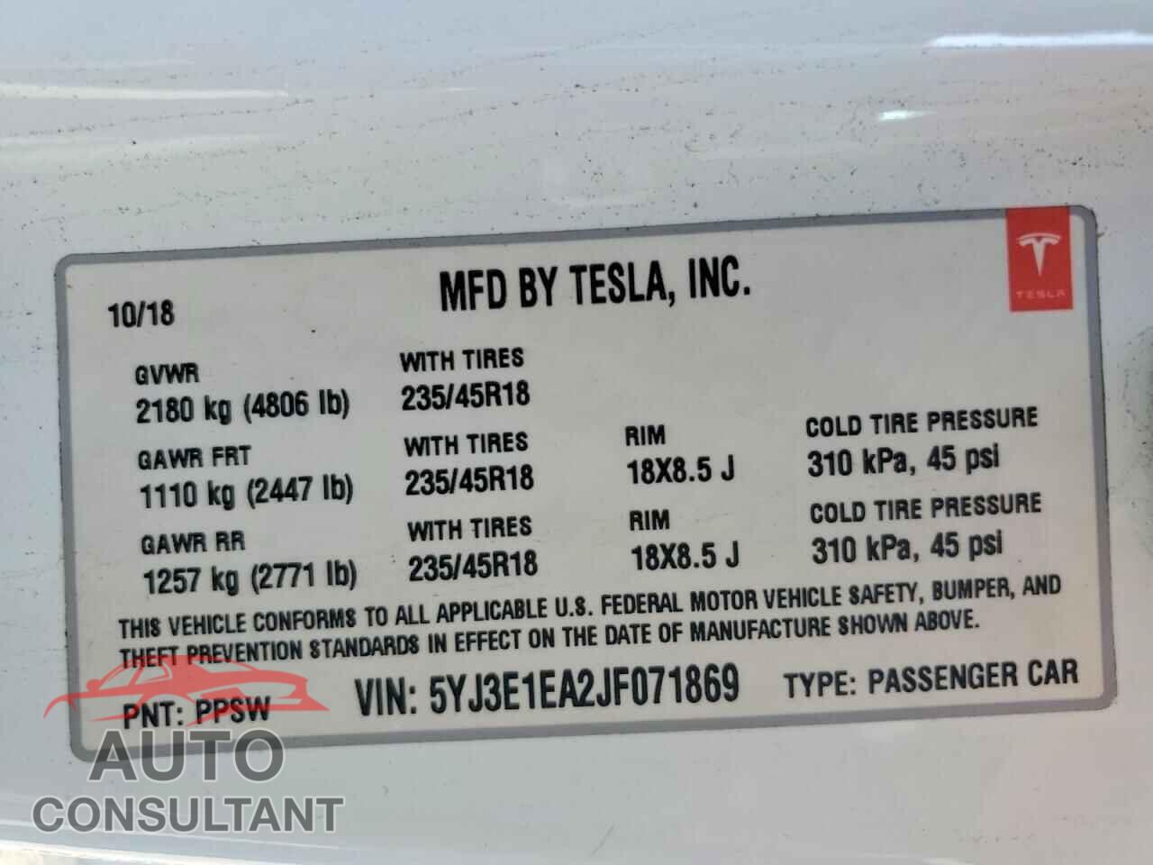 TESLA MODEL 3 2018 - 5YJ3E1EA2JF071869