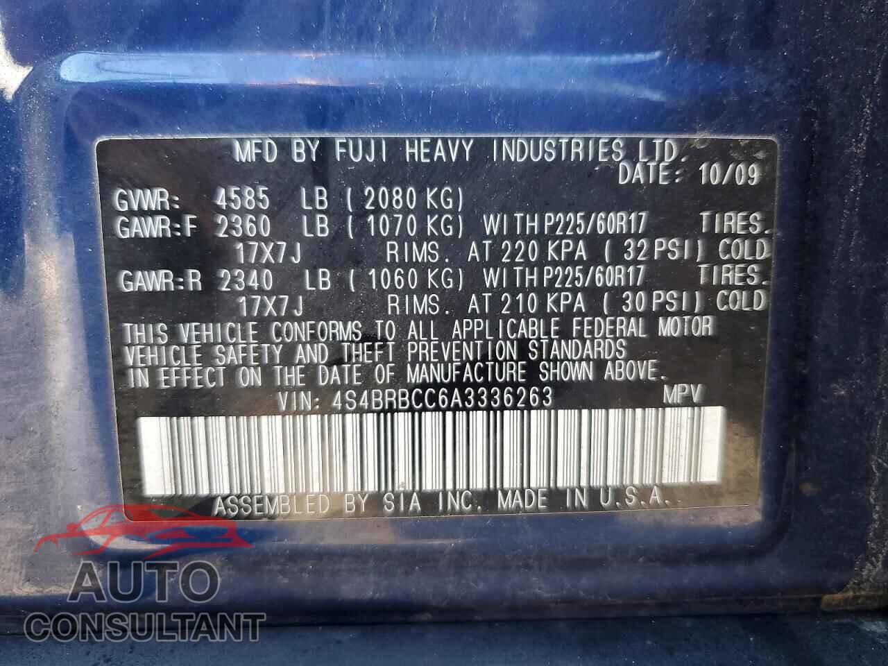 SUBARU OUTBACK 2010 - 4S4BRBCC6A3336263