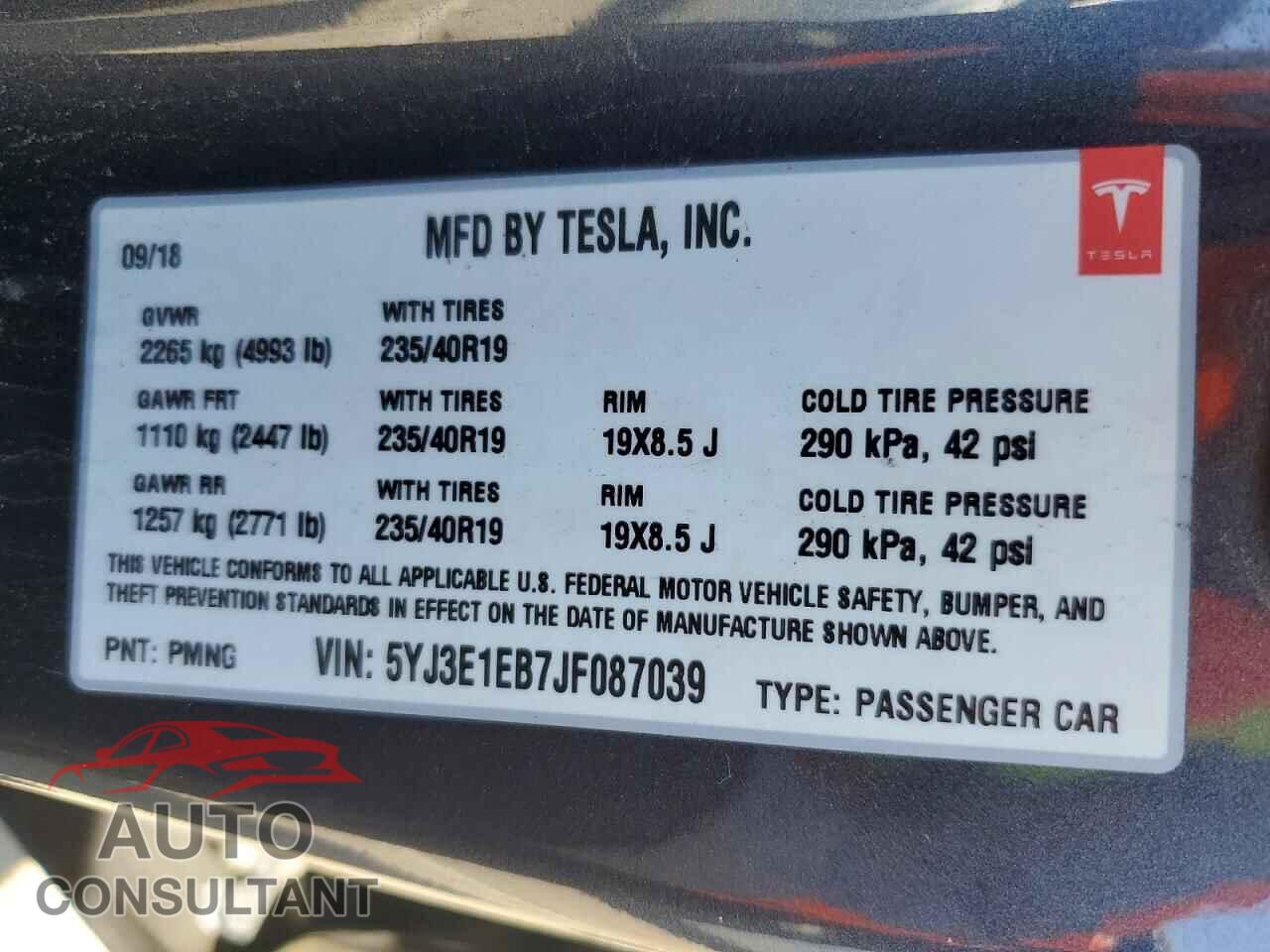 TESLA MODEL 3 2018 - 5YJ3E1EB7JF087039