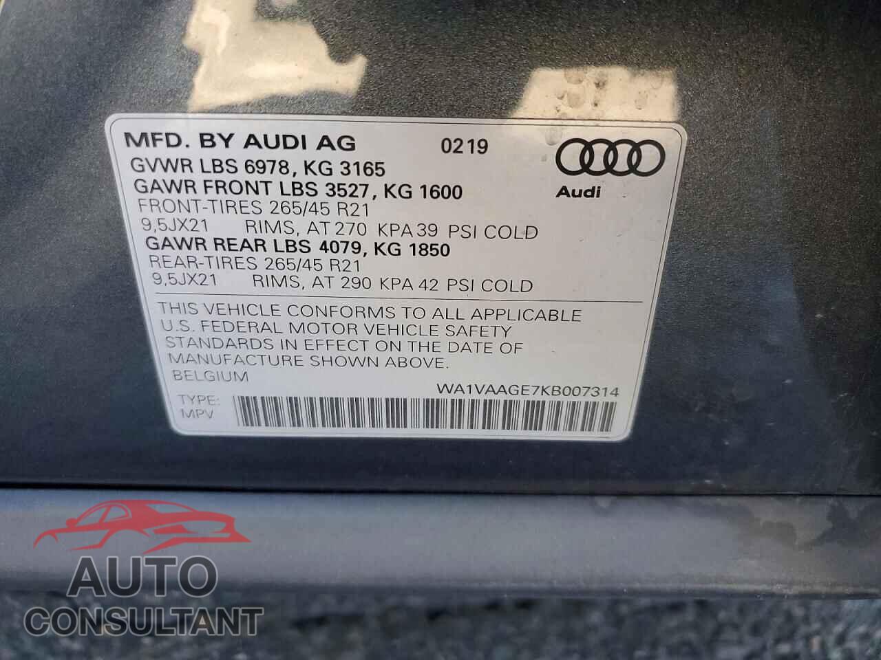 AUDI E-TRON 2019 - WA1VAAGE7KB007314