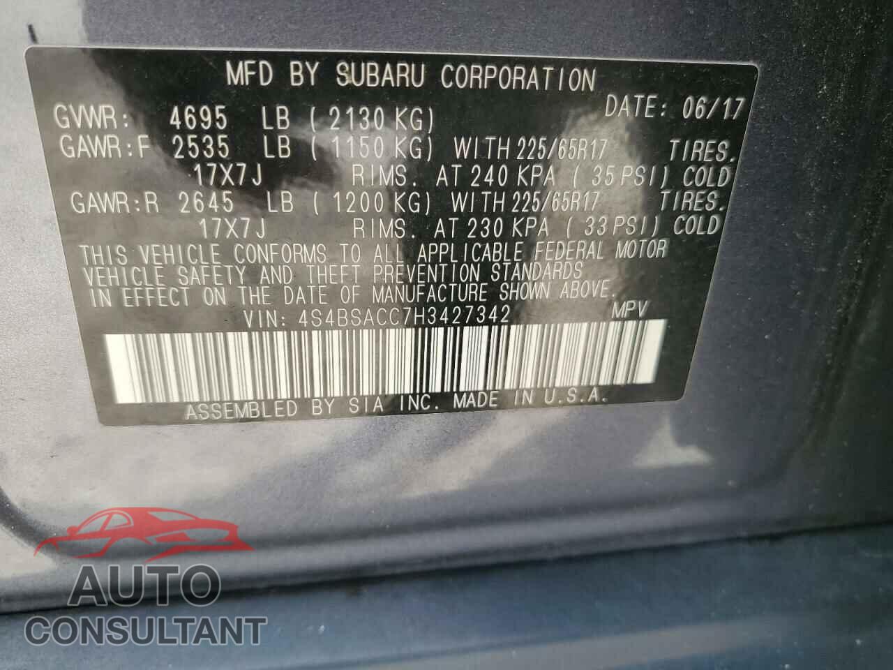SUBARU OUTBACK 2017 - 4S4BSACC7H3427342