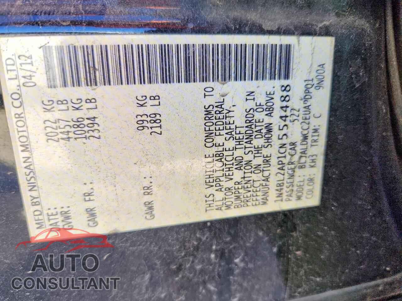 NISSAN ALTIMA 2012 - 1N4BL2AP1CN554488