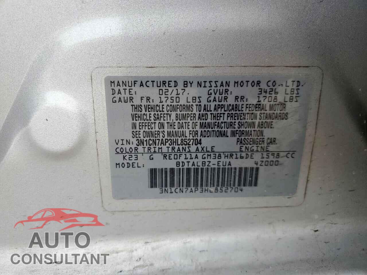 NISSAN VERSA 2017 - 3N1CN7AP3HL852704