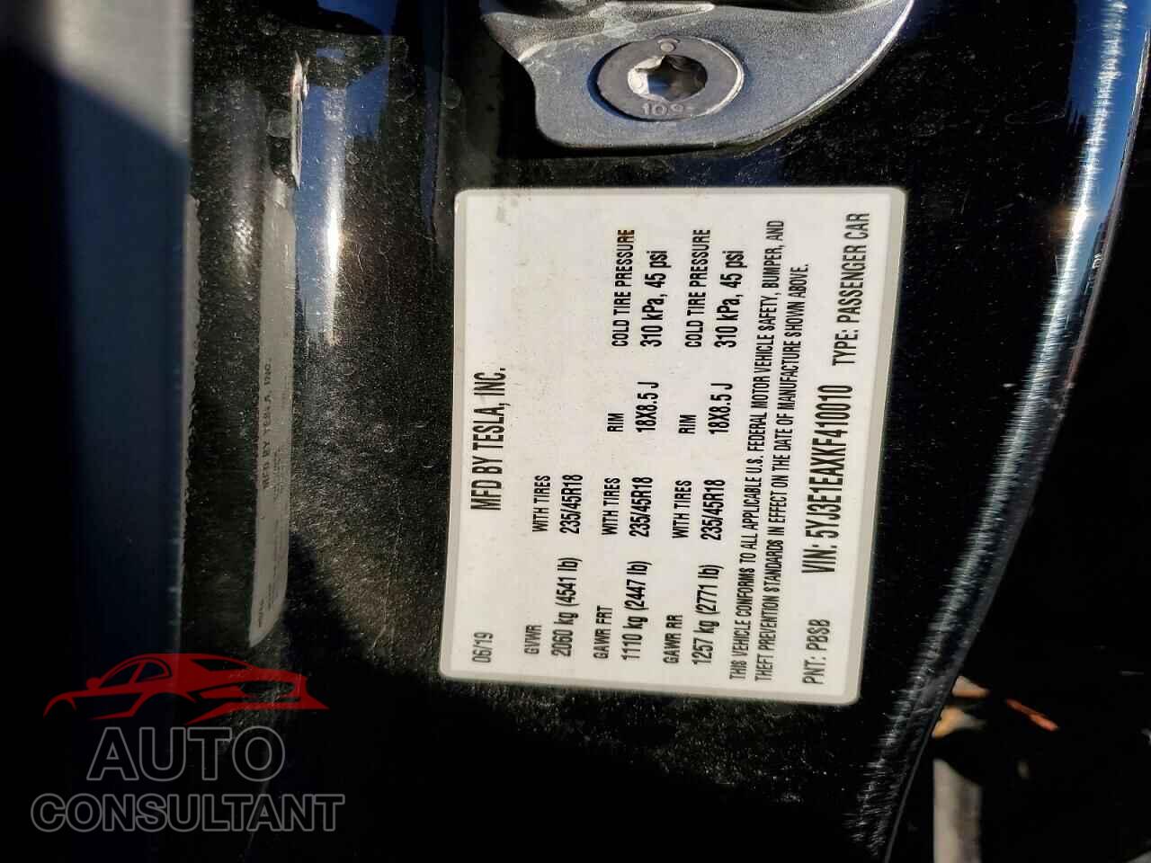 TESLA MODEL 3 2019 - 5YJ3E1EAXKF410010