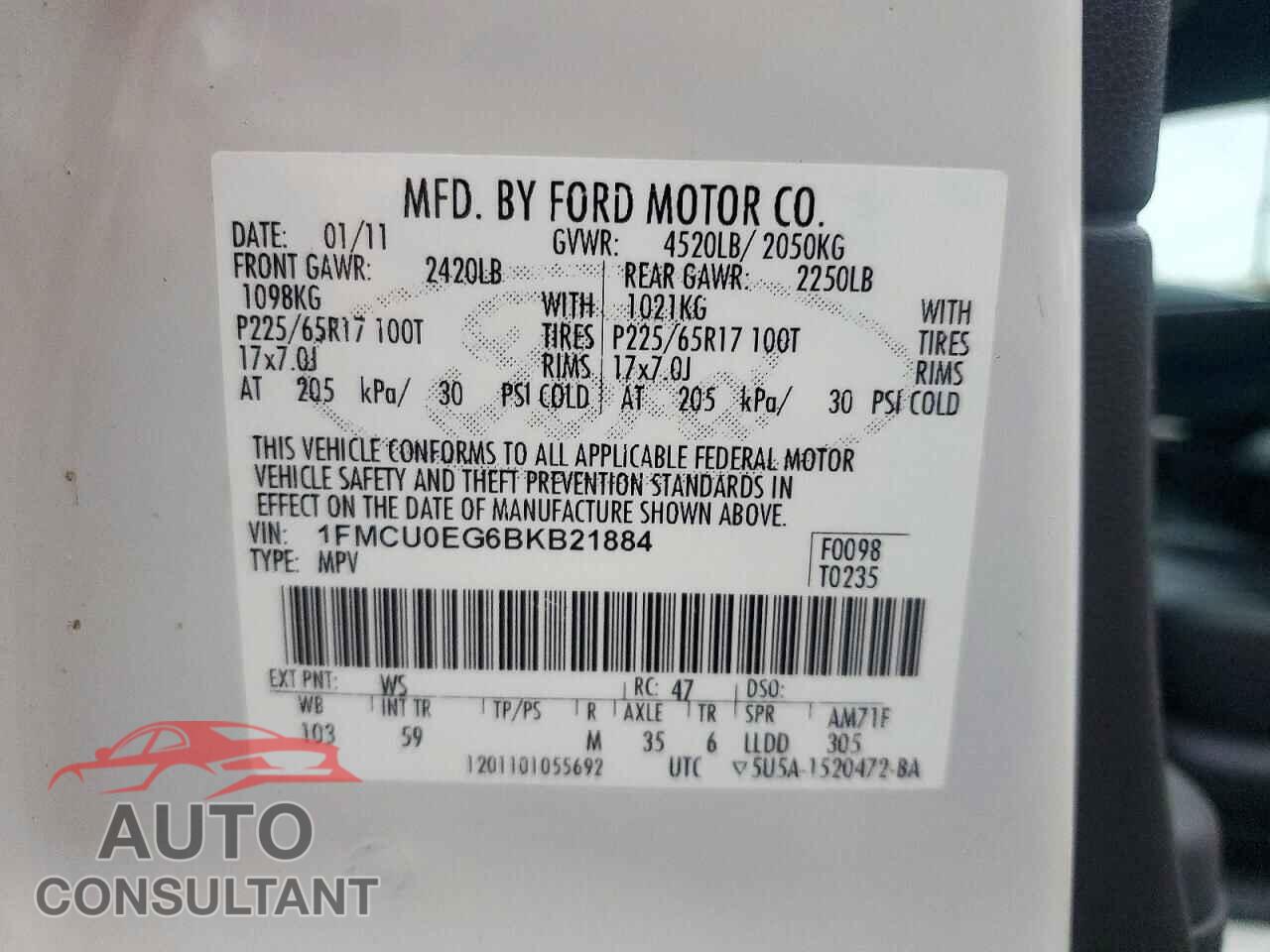 FORD ESCAPE 2011 - 1FMCU0EG6BKB21884