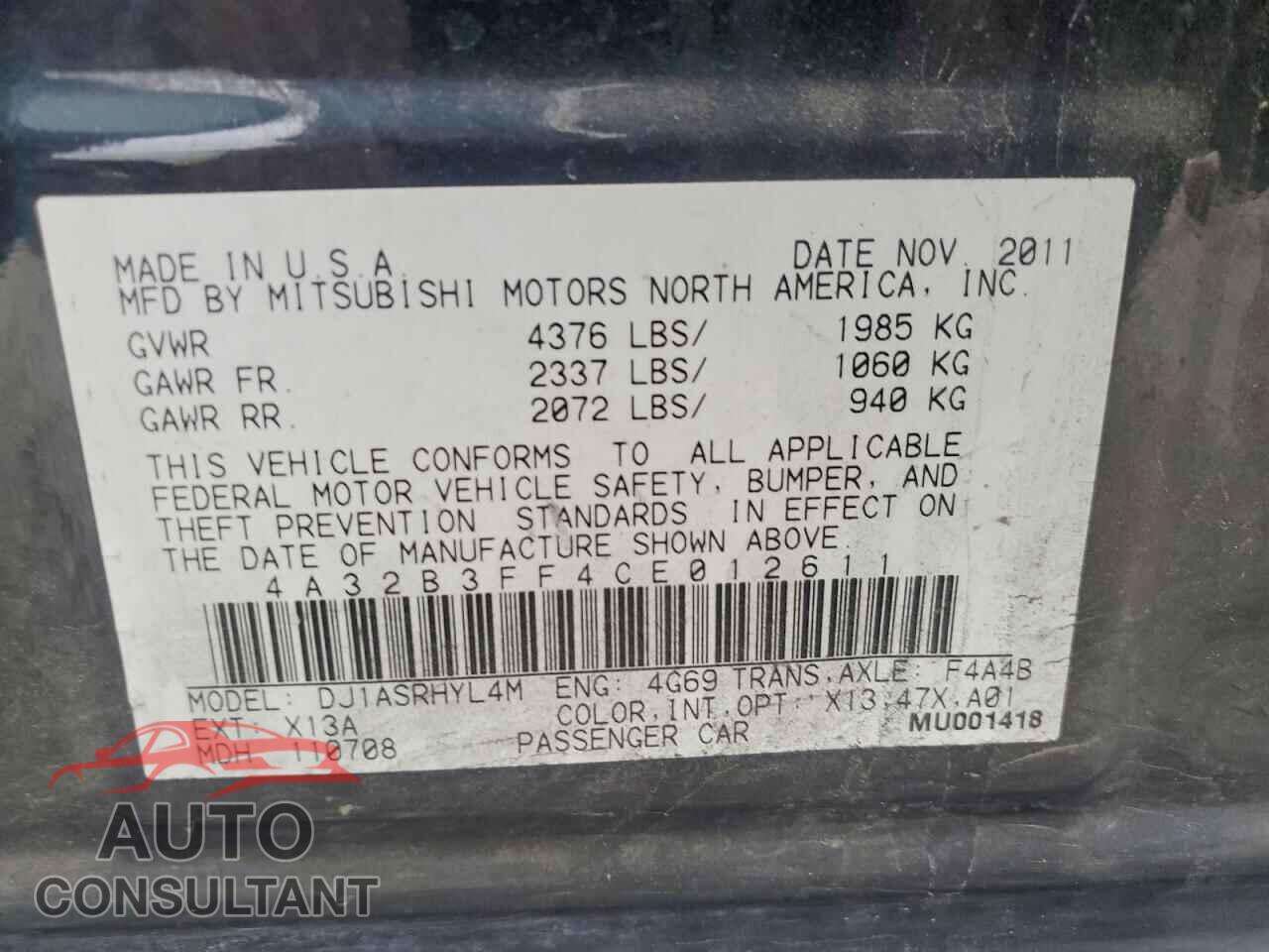 MITSUBISHI GALANT 2012 - 4A32B3FF4CE012611