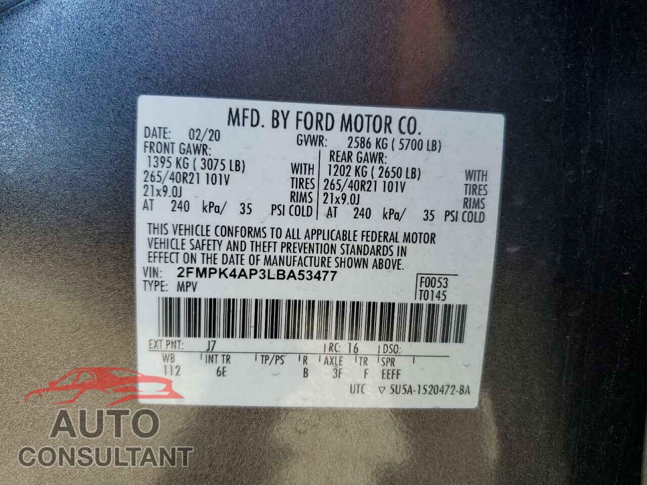 FORD EDGE 2020 - 2FMPK4AP3LBA53477