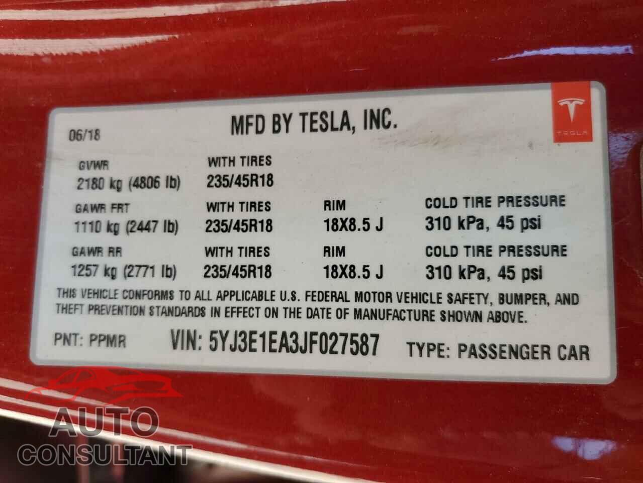 TESLA MODEL 3 2018 - 5YJ3E1EA3JF027587
