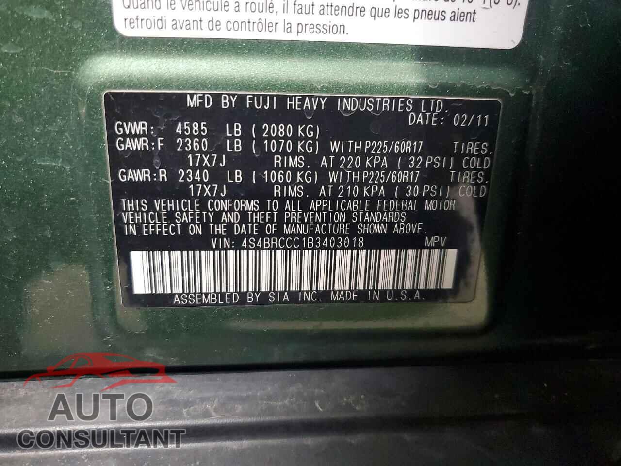 SUBARU OUTBACK 2011 - 4S4BRCCC1B3403018