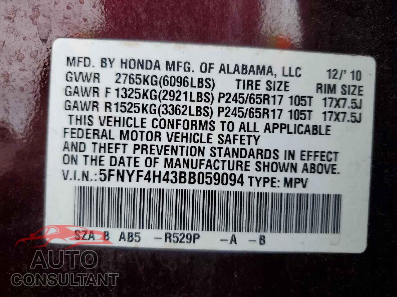 HONDA PILOT 2011 - 5FNYF4H43BB059094