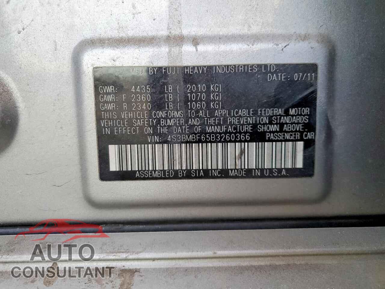 SUBARU LEGACY 2011 - 4S3BMBF65B3260366