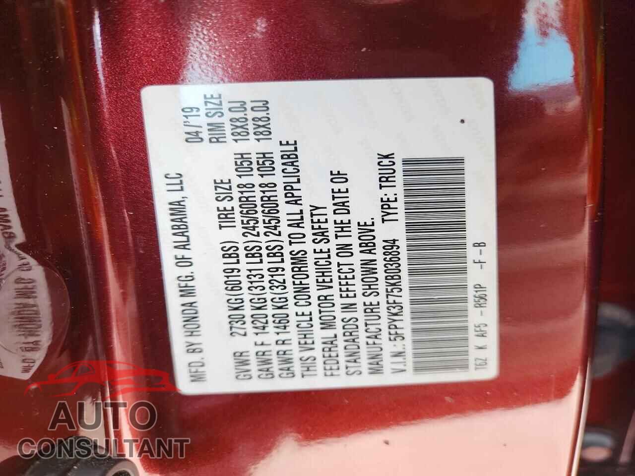 HONDA RIDGELINE 2019 - 5FPYK3F75KB036894