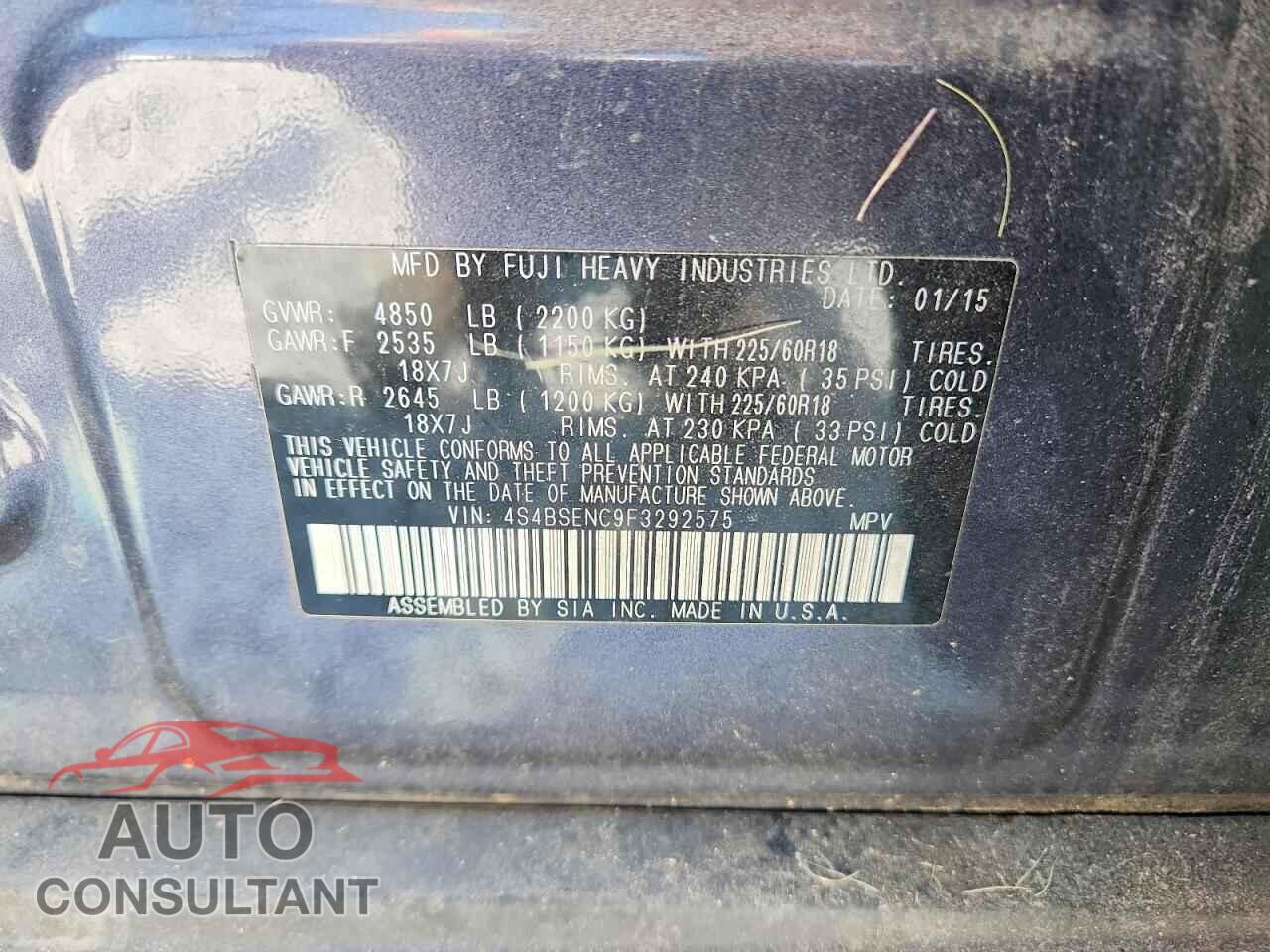 SUBARU OUTBACK 2015 - 4S4BSENC9F3292575