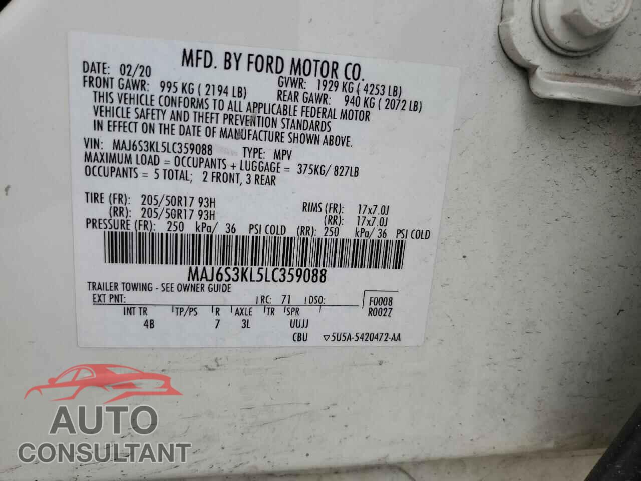FORD ECOSPORT 2020 - MAJ6S3KL5LC359088
