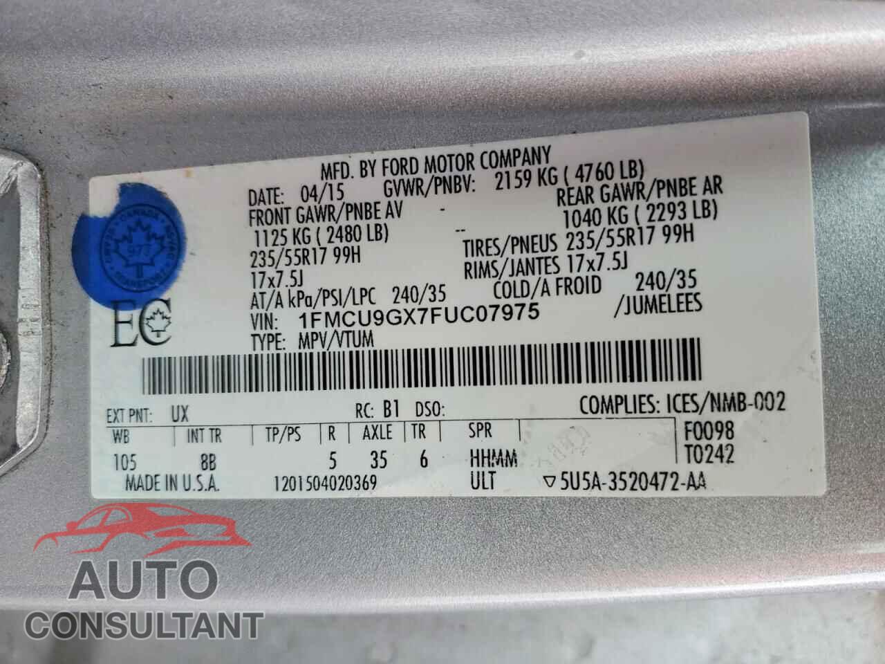 FORD ESCAPE 2015 - 1FMCU9GX7FUC07975