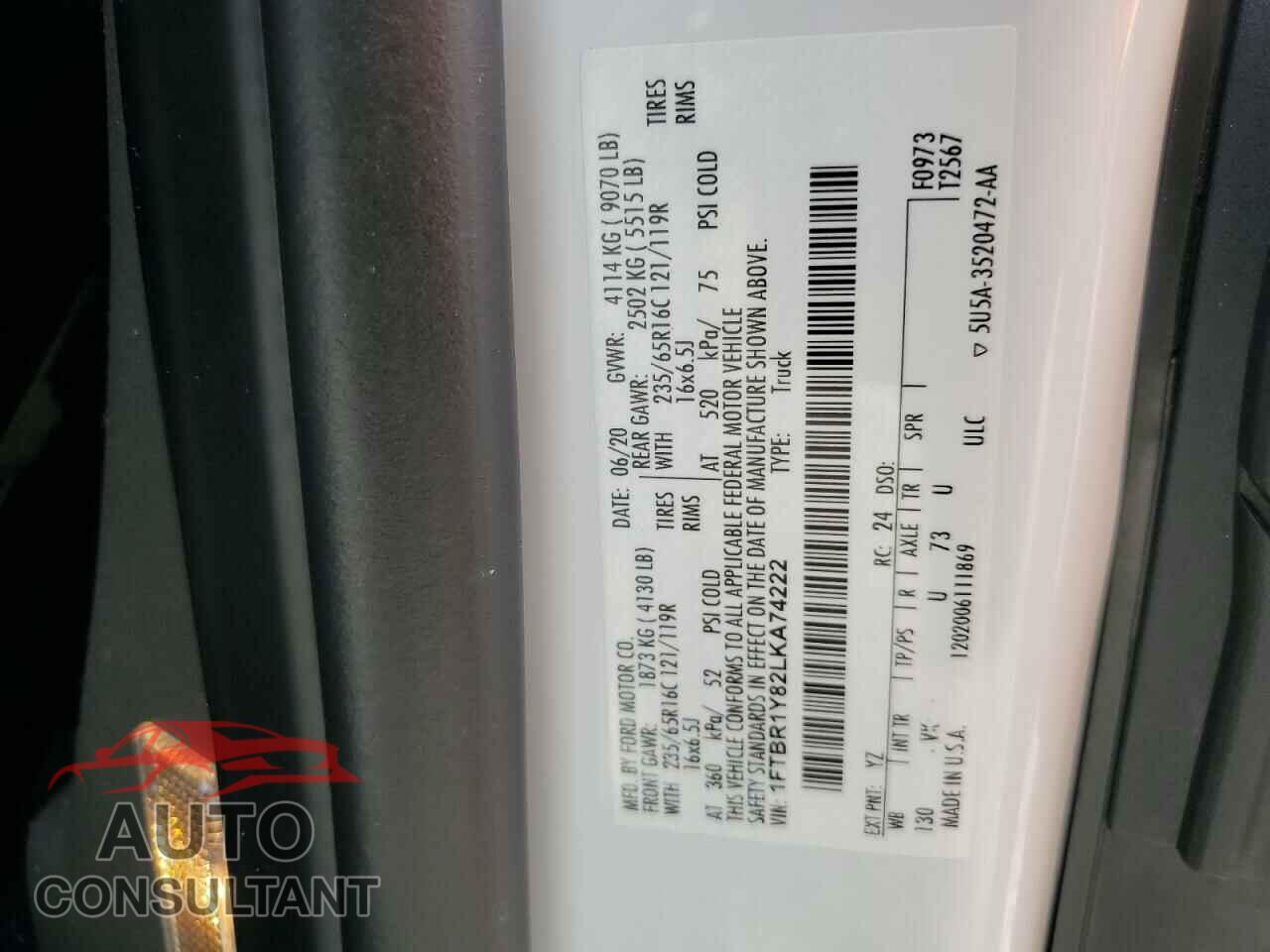 FORD TRANSIT 2020 - 1FTBR1Y82LKA74222