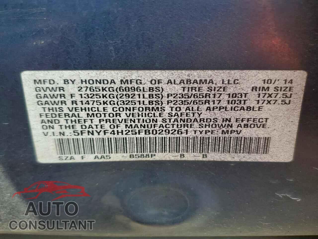 HONDA PILOT 2015 - 5FNYF4H25FB029261