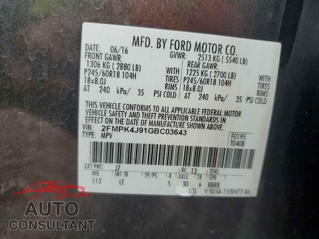 FORD EDGE 2016 - 2FMPK4J91GBC03643
