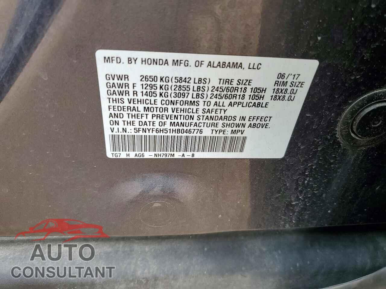 HONDA PILOT 2017 - 5FNYF6H51HB046776
