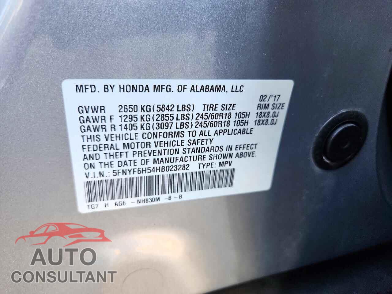 HONDA PILOT 2017 - 5FNYF6H54HB023282