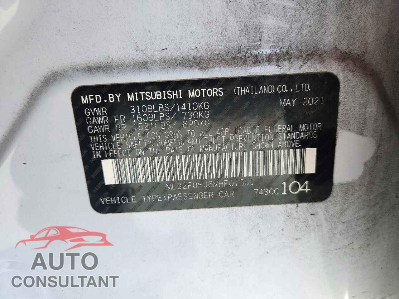 MITSUBISHI MIRAGE 2021 - ML32FUFJ6MHF07531