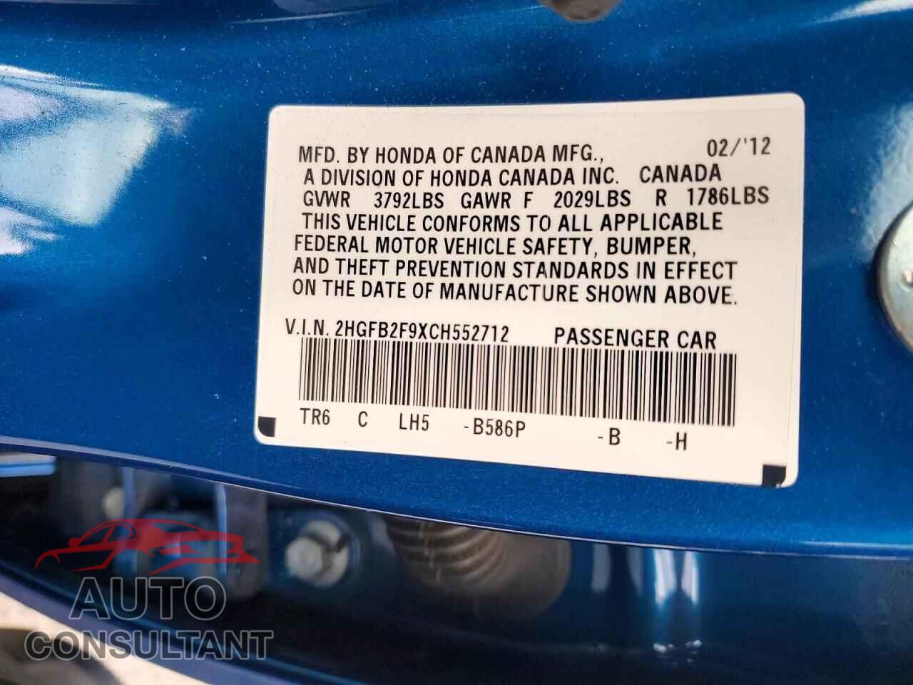 HONDA CIVIC 2012 - 2HGFB2F9XCH552712